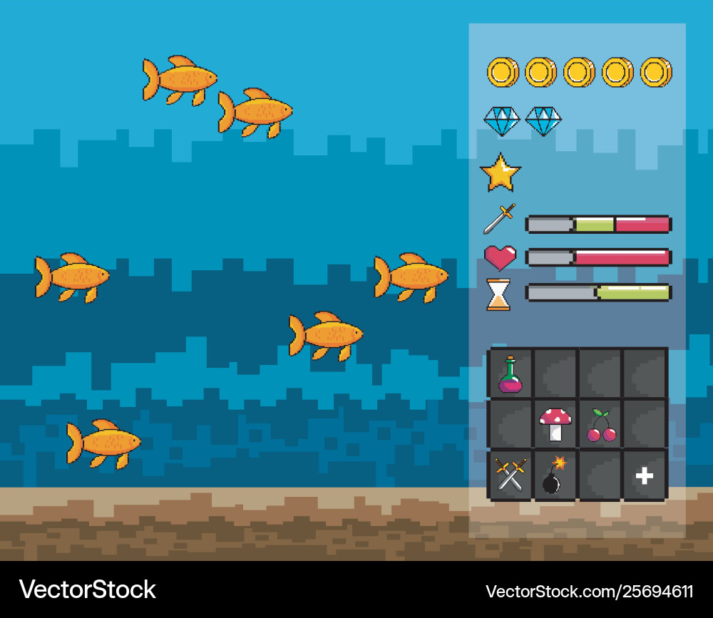 Arcade game world and pixel scene design vector image