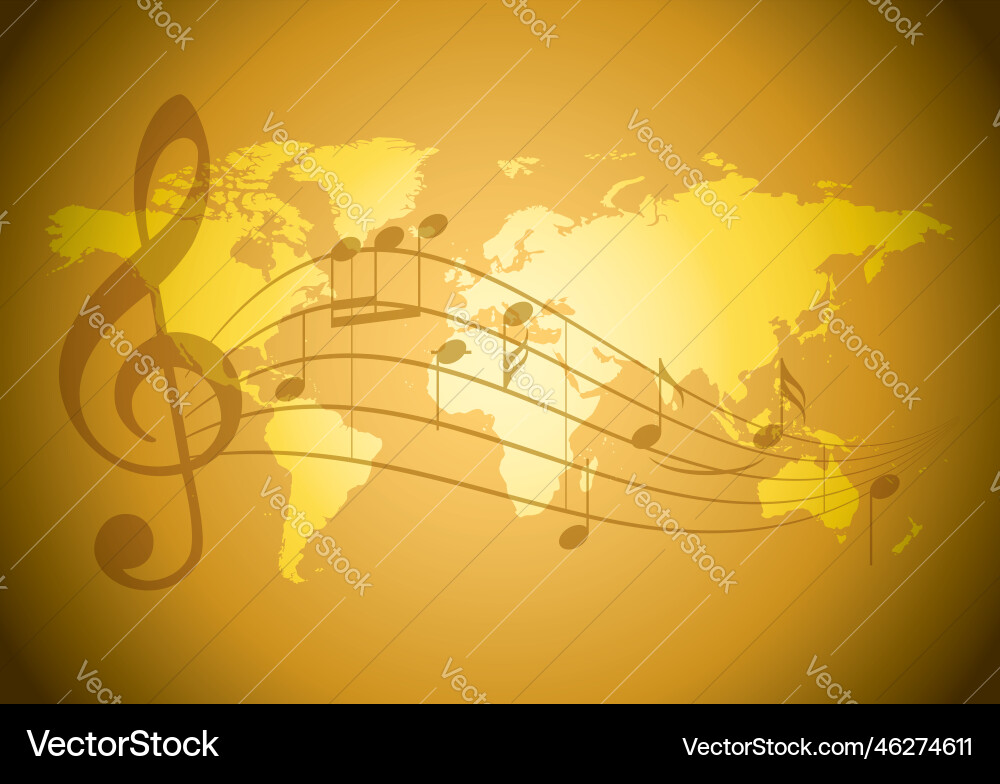 Background with wavy music notes and world map Vector Image