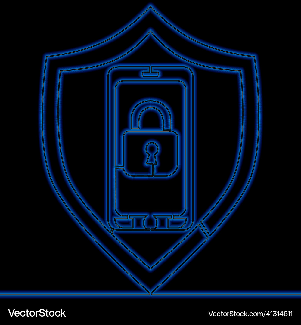 Continuous line smartphone data security neon vector image