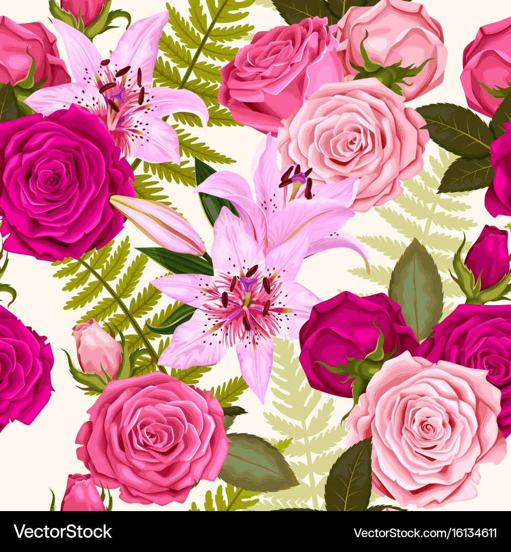 Floral Lilies and Roses Seamless Pattern Vector Image