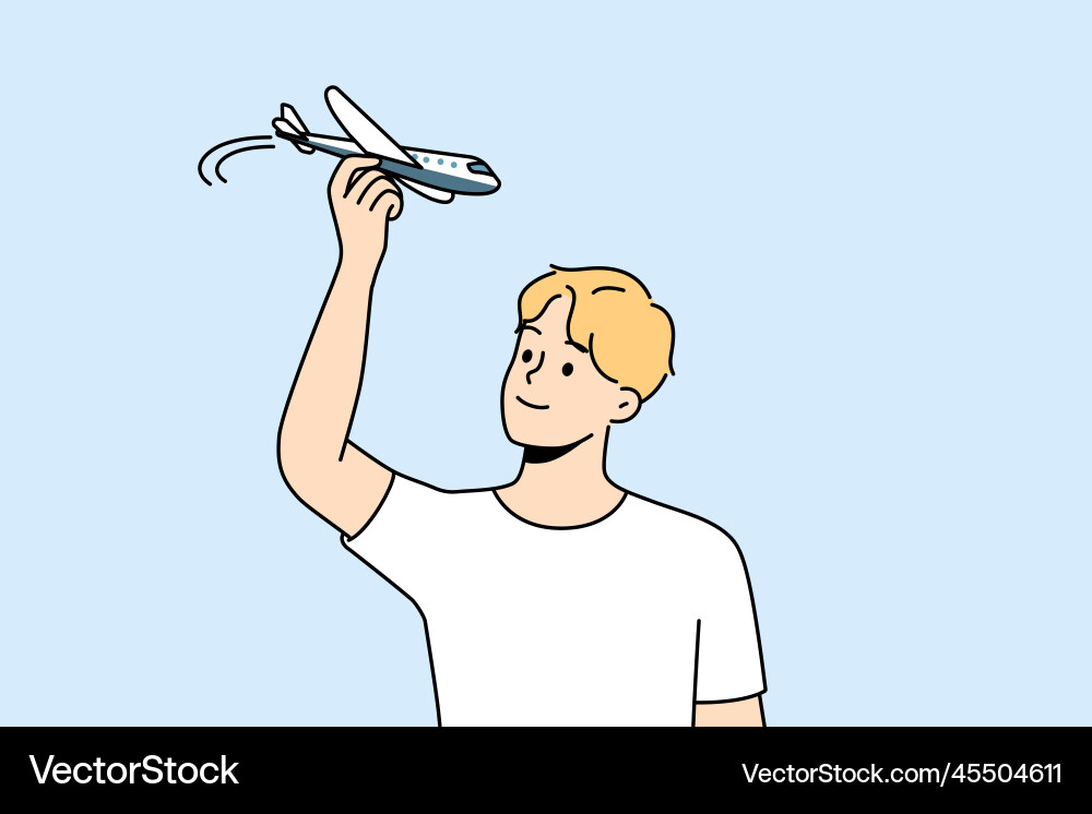 Smiling man play with plane model Vector Image