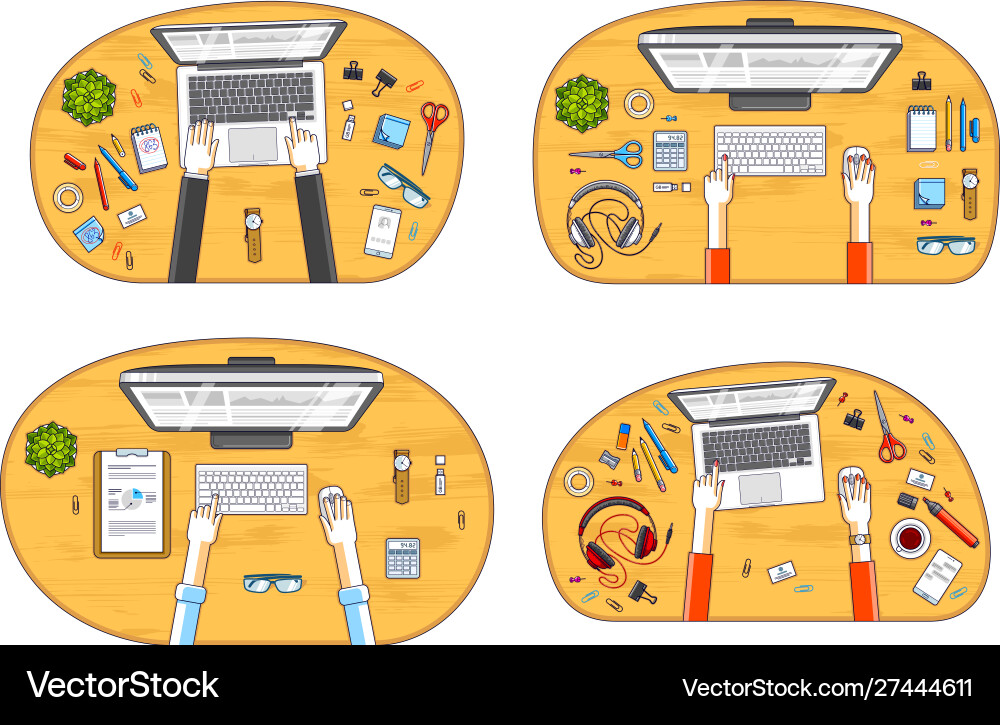 Work desks workspaces top view with hands Work desks workspaces top view with hands Vector Image