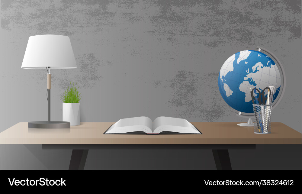 A table with an open book lamp globe A table with an open book lamp globe vector image