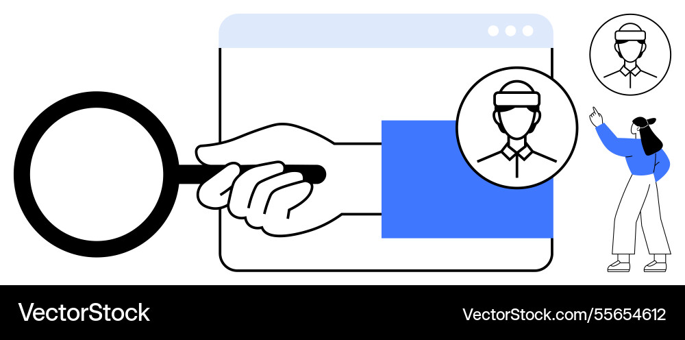 Hand with magnifying glass analyzing user profiles Hand with magnifying glass analyzing user profiles vector image