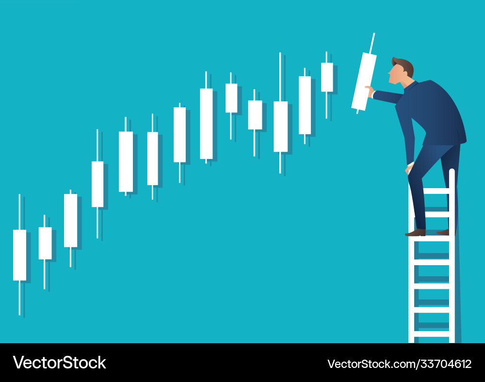Man on ladder with candlestick chart background vector image