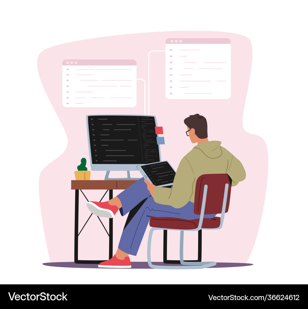 Programmierer männlichen Charakter arbeiten am Computer Programmierer männlichen Charakter arbeiten am Computer vektorbild