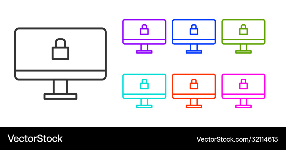 Black line lock on computer monitor screen icon Black line lock on computer monitor screen icon vector image
