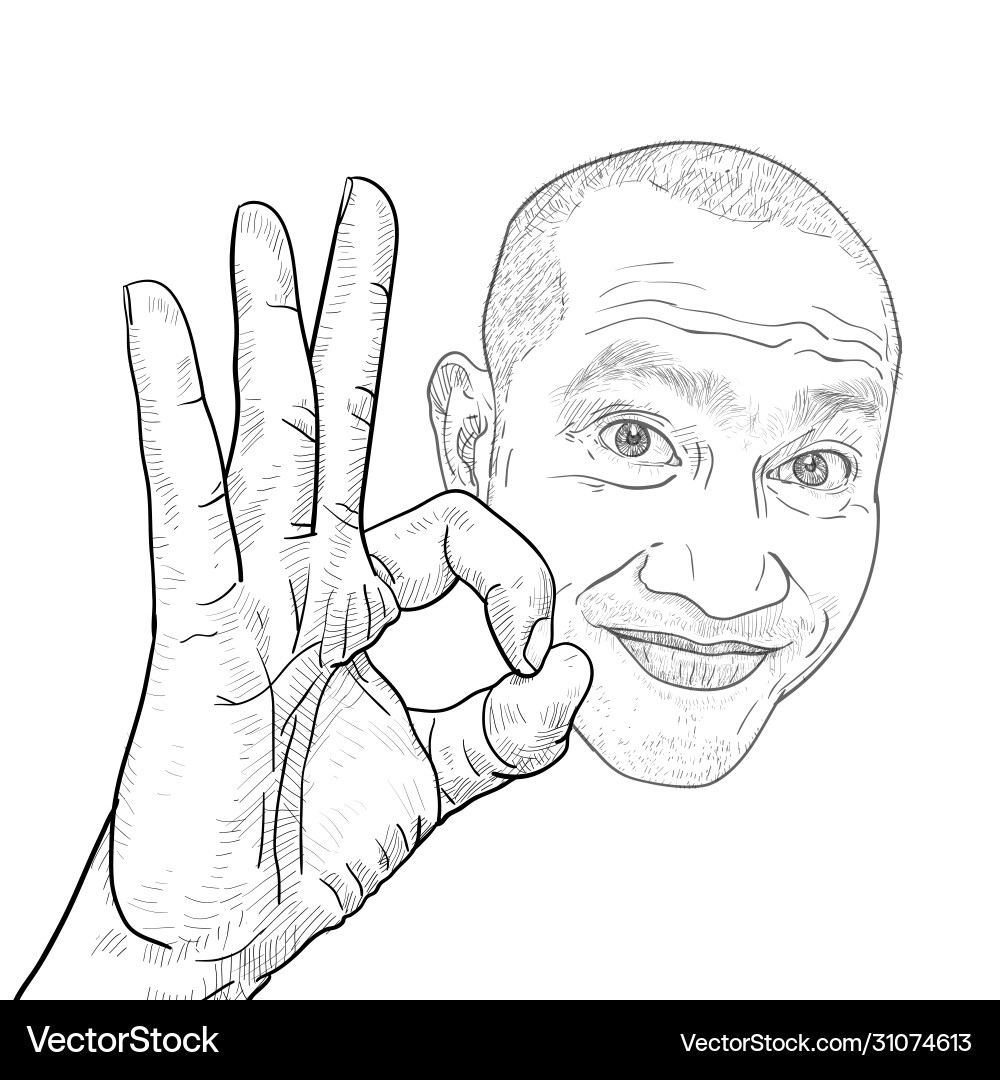 Drawing funny portrait asian guy showing ok Drawing funny portrait asian guy showing ok vector image