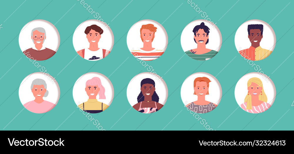 Multi age people avatar character face set vector image