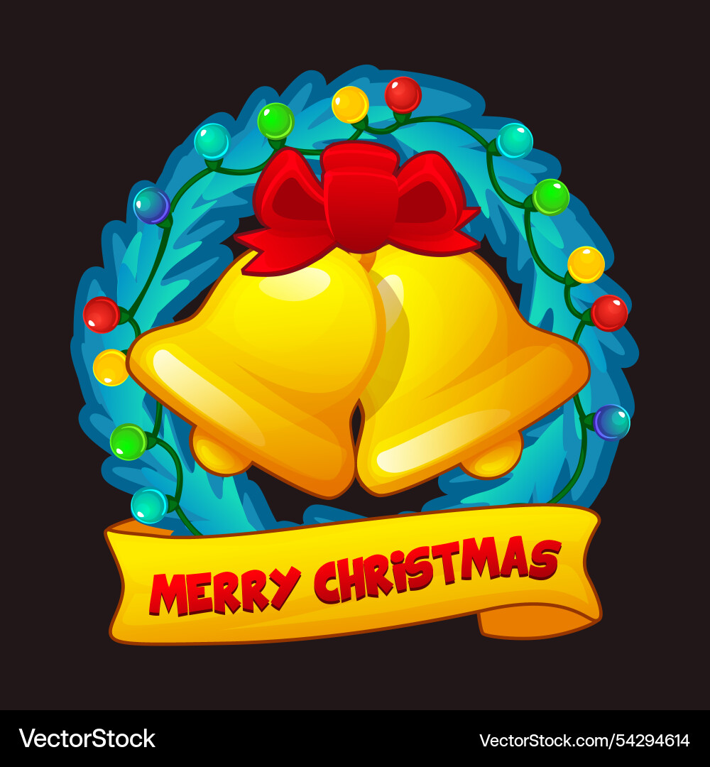 Christmas wreath icon with ribbon and golden bells Christmas wreath icon with ribbon and golden bells vector image