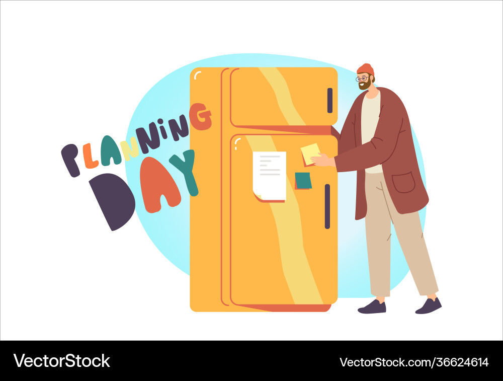 Man character put sticky notes on refrigerator Man character put sticky notes on refrigerator vector image