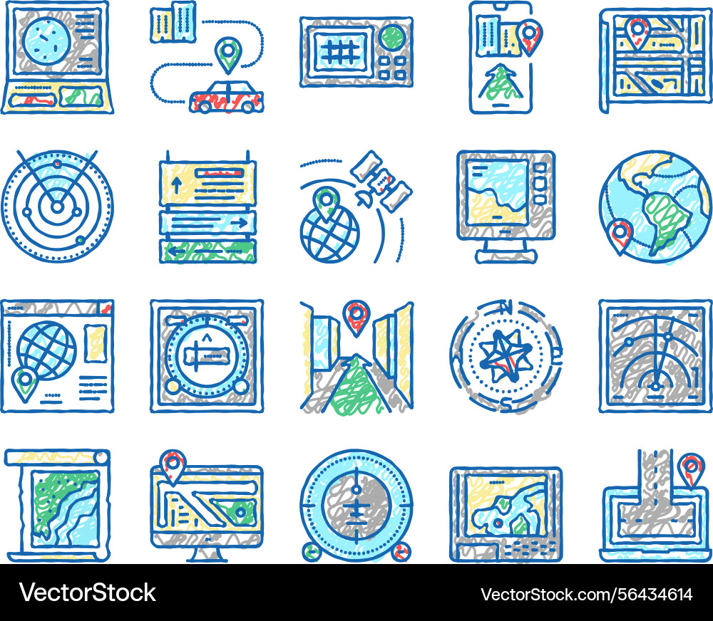 Map location system set icons hand drawn Map location system set icons hand drawn vector image