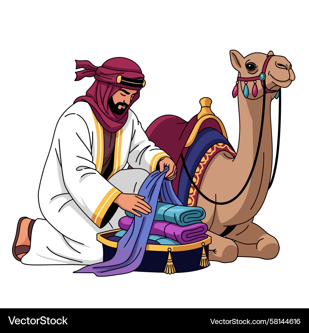 Man Packing Cloths with Camel Vector Image