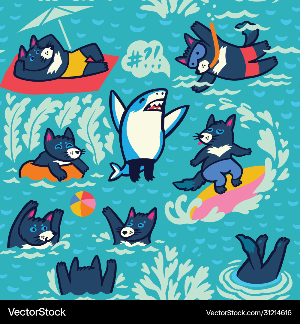 Tasmanian devils swim sunbathe dive play ball Tasmanian devils swim sunbathe dive play ball Vector Image
