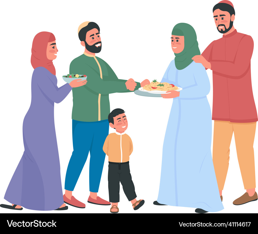 Glücklich arabian familien austauschen lebensmittel flach farbe Glücklich arabian familien austauschen lebensmittel flach farbe vektorbild