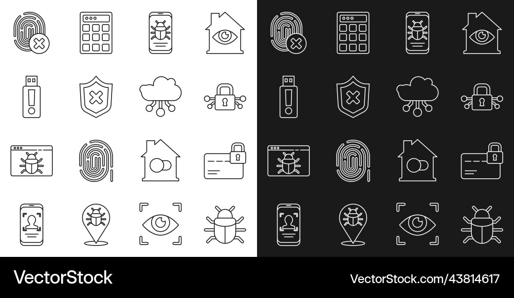 Set line system bug credit card with lock cyber Set line system bug credit card with lock cyber vector image