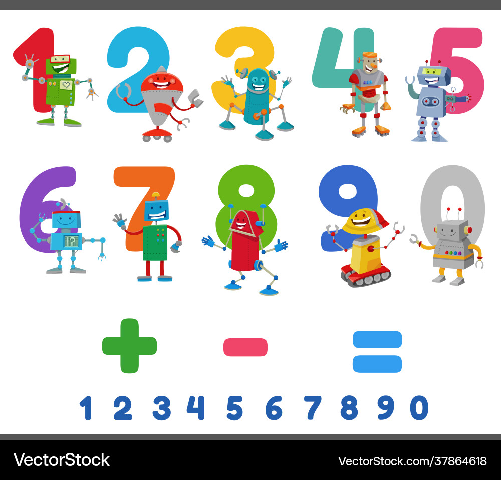 Educational numbers set with happy robots Educational numbers set with happy robots vector image