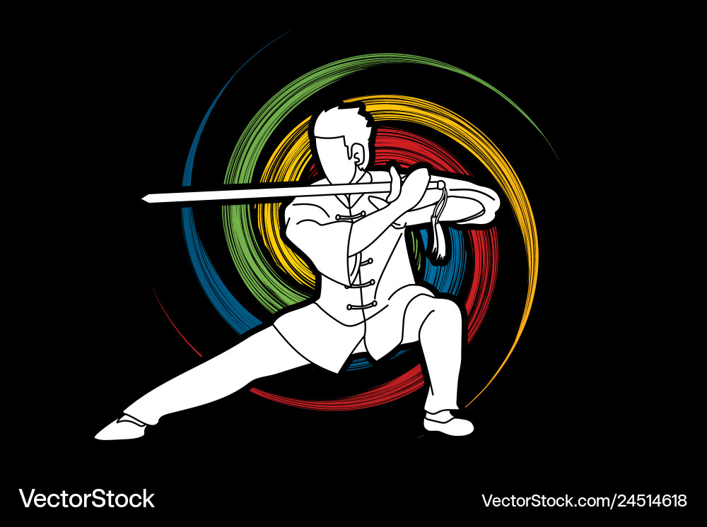 Man with sword action kung fu pose graphic Man with sword action kung fu pose graphic vector image