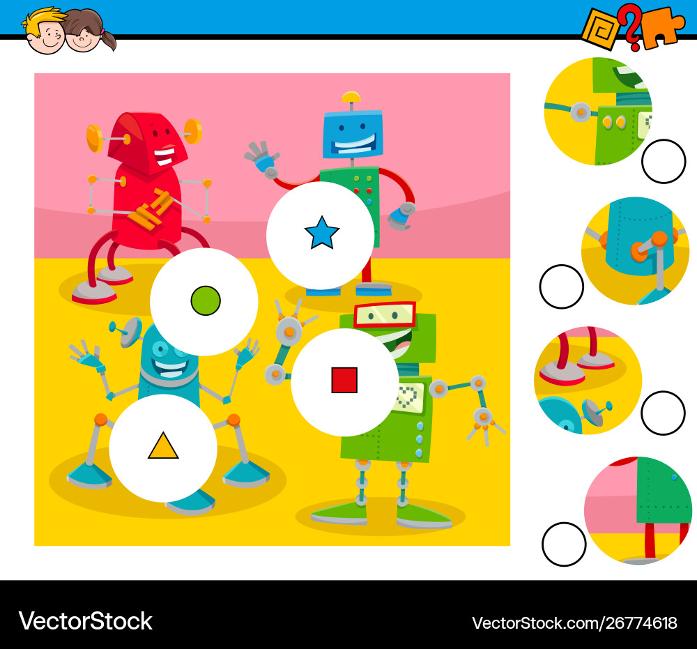 Match pieces puzzle with robots characters Match pieces puzzle with robots characters vector image