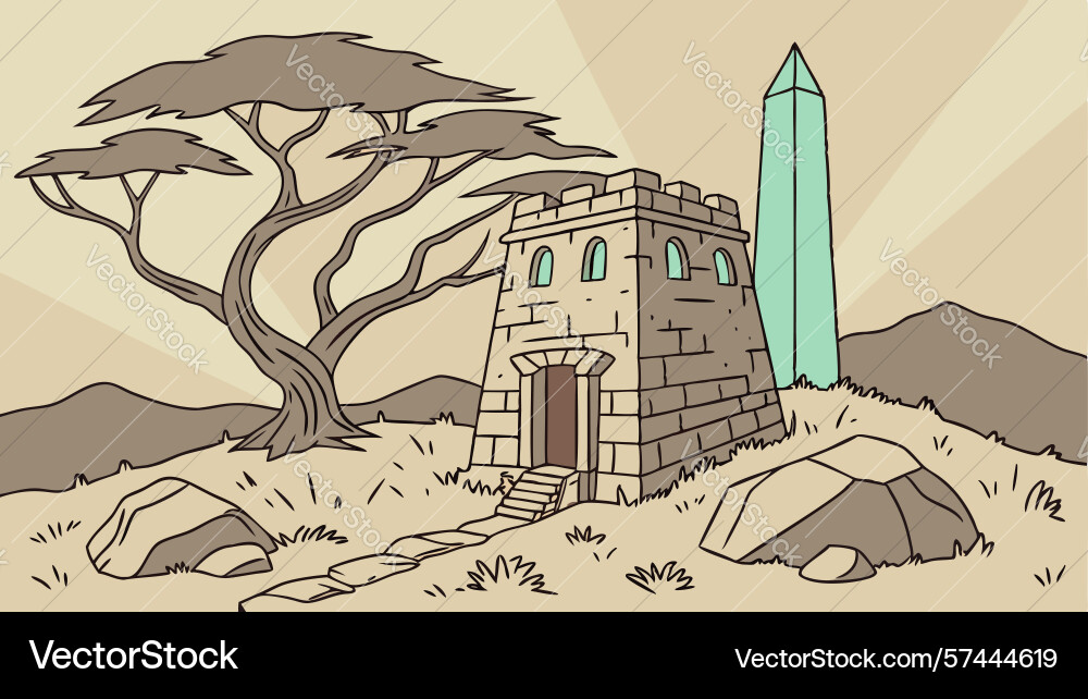 Ancient structure with obelisk and tree in desert Vector Image