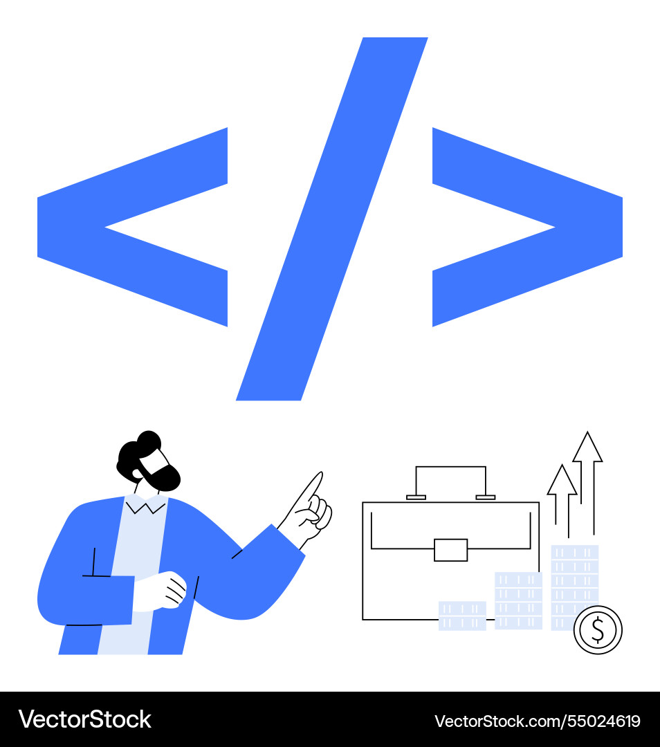 Developer pointing at code tag with briefcase Developer pointing at code tag with briefcase Vector Image