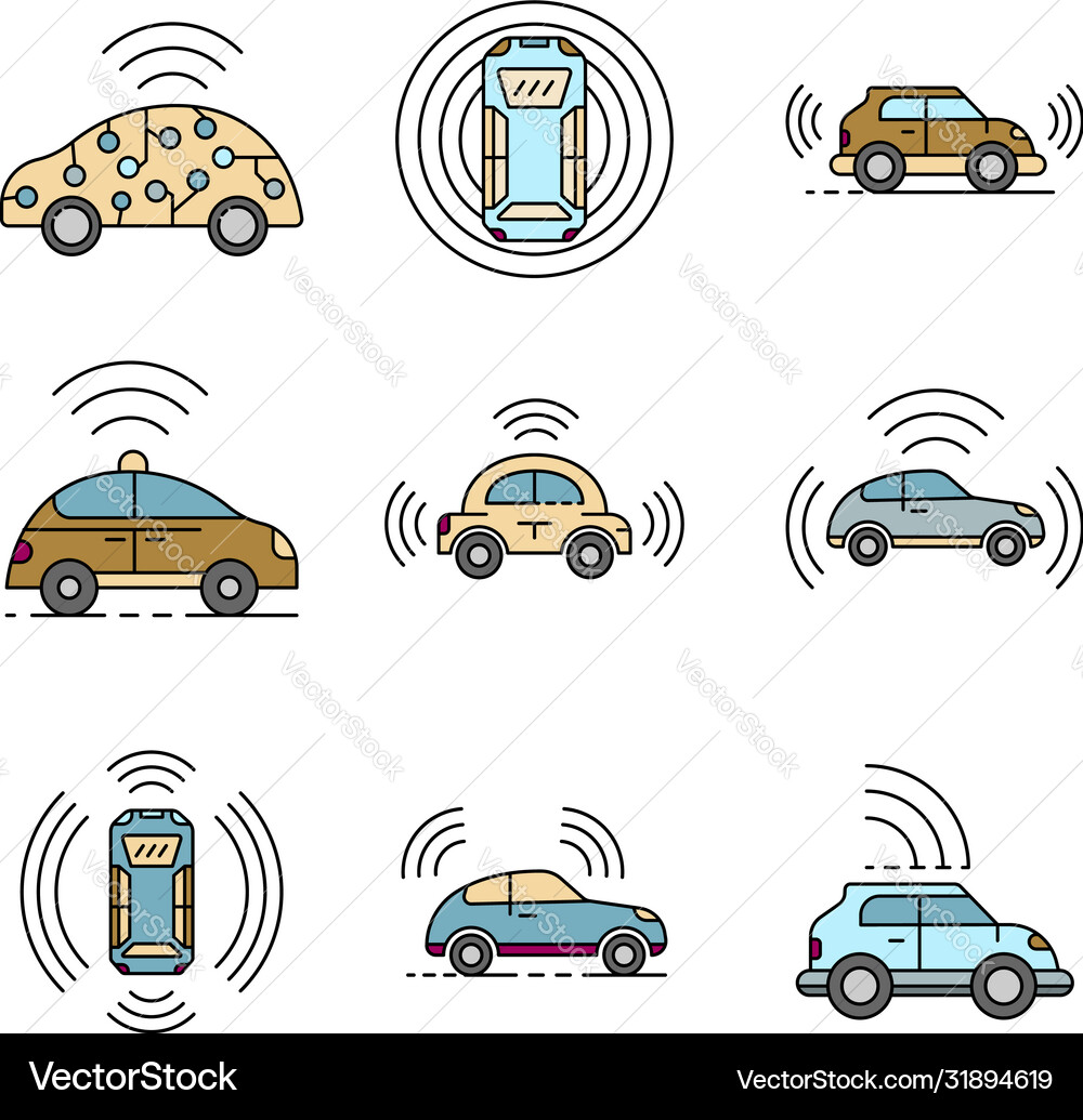 Driverless car icons set line color Driverless car icons set line color vector image
