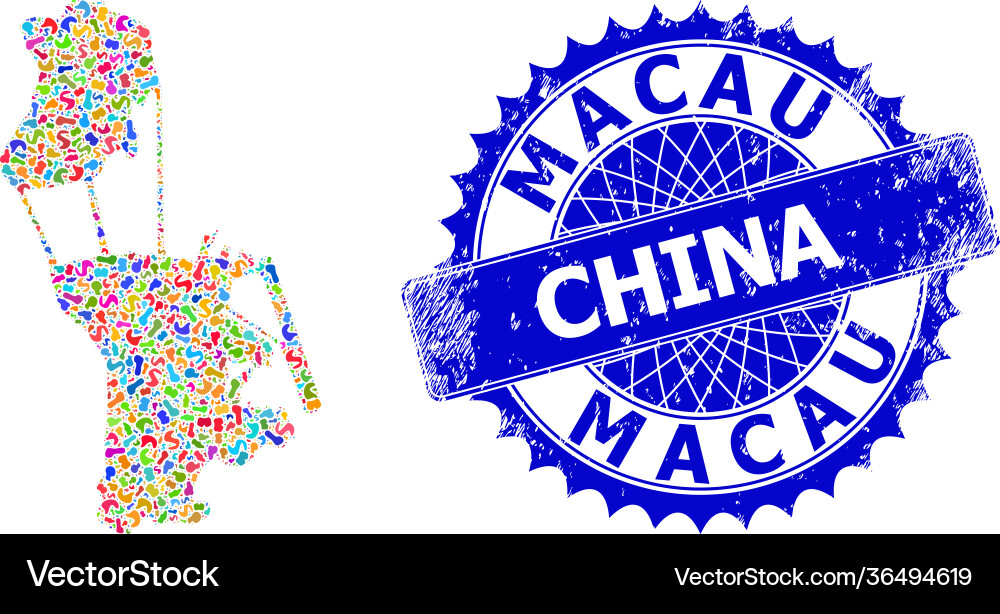 Splash pattern macau map and scratched badge Vector Image
