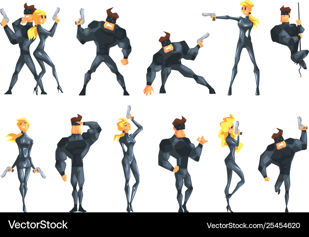 Secret agent in different actions posing with gun Secret agent in different actions posing with gun vector image
