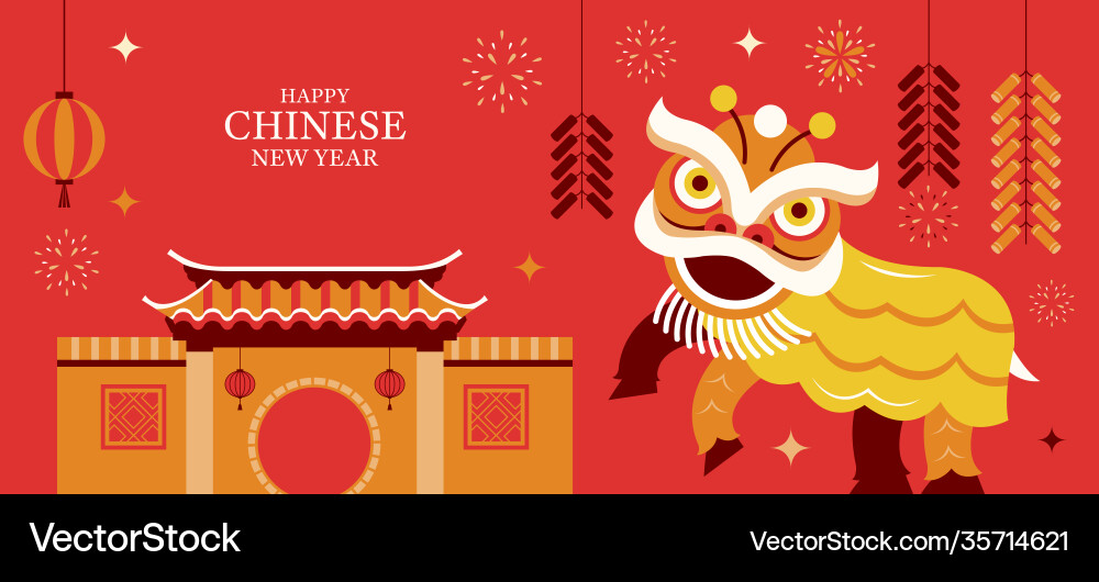 Lion Dance New Year Background Vector Image