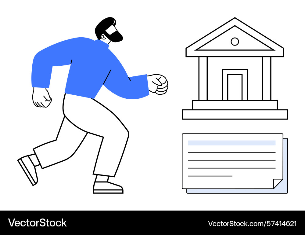 Man running towards bank building representing Man running towards bank building representing vector image