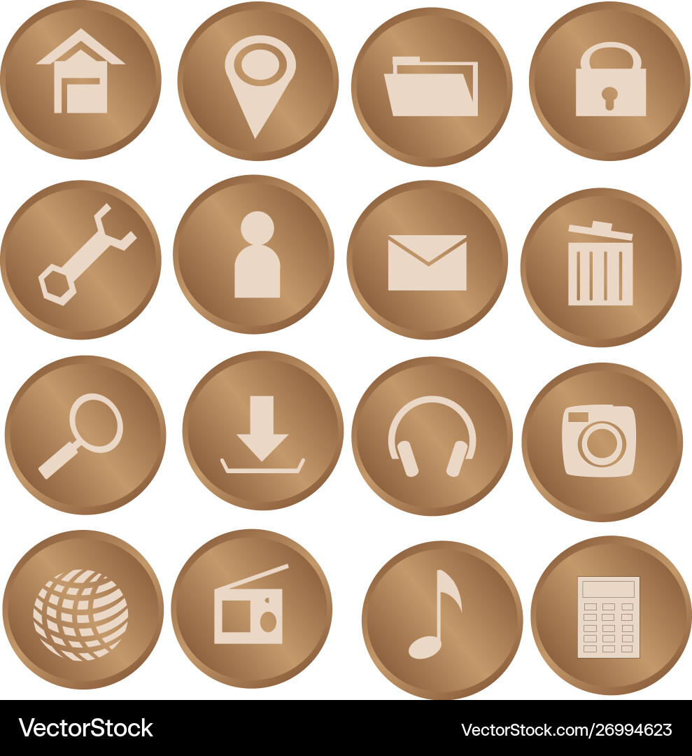 Gold brown round web icon and button set vector image