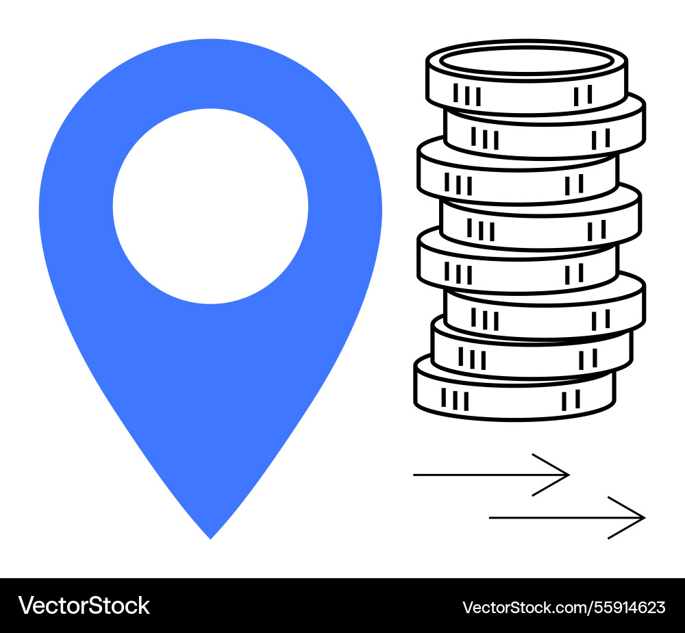 Location marker and coin stack representing Location marker and coin stack representing Vector Image