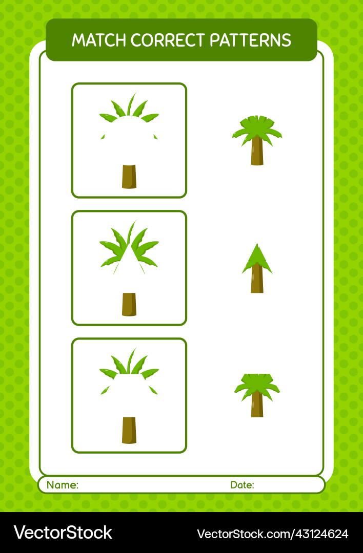 Match pattern game with palm tree worksheet Match pattern game with palm tree worksheet vector image