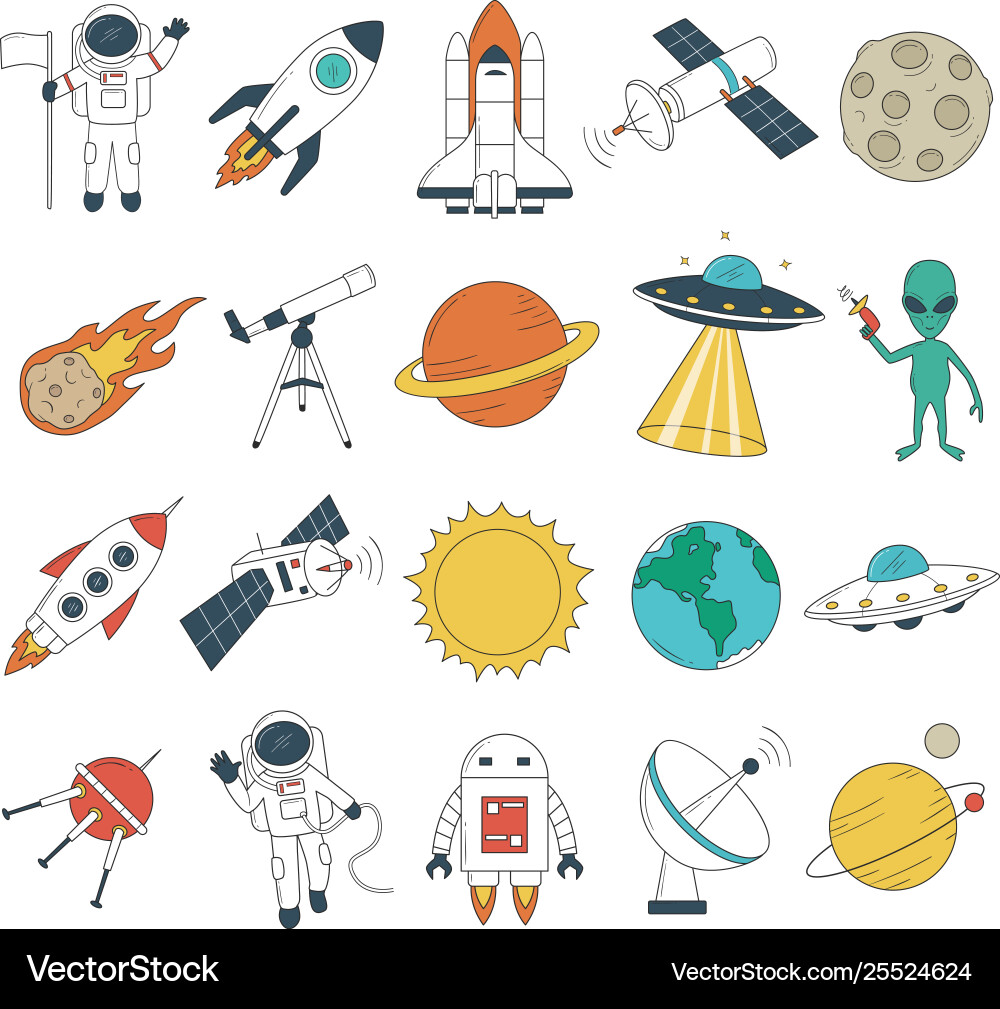 Set space objects spaceship rockets planets Set space objects spaceship rockets planets vector image