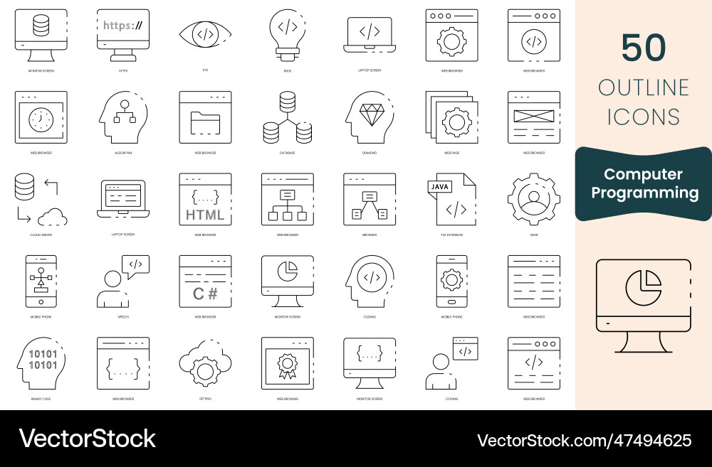 Set of computer programming icons thin outline Set of computer programming icons thin outline vector image