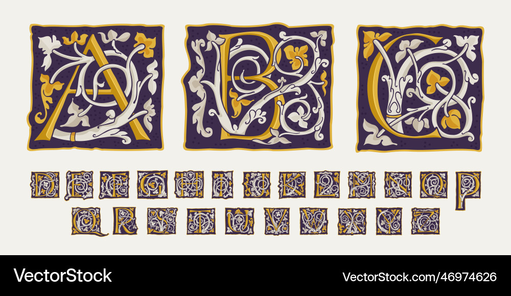 Alphabet drop cap set square medieval initials Alphabet drop cap set square medieval initials vector image