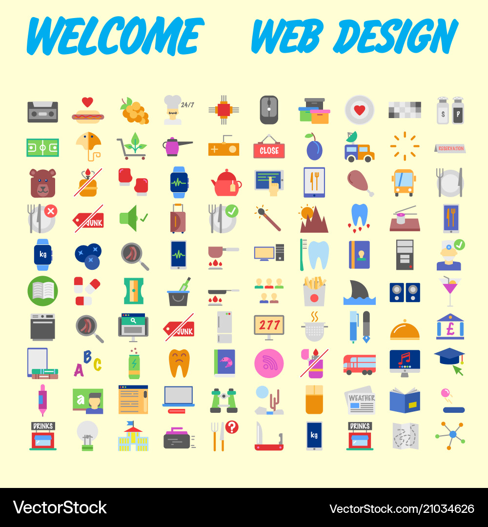 Set of 100 flat web icons on following themes vector image