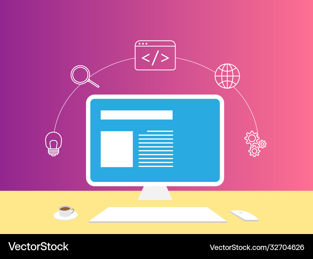 Web development working with a computer research Vector Image