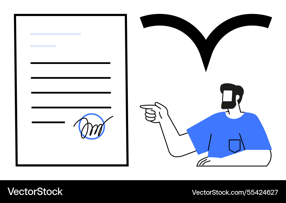 Mann zeigt auf signiertem Dokument mit Checkmark Mann zeigt auf signiertem Dokument mit Checkmark vektorbild