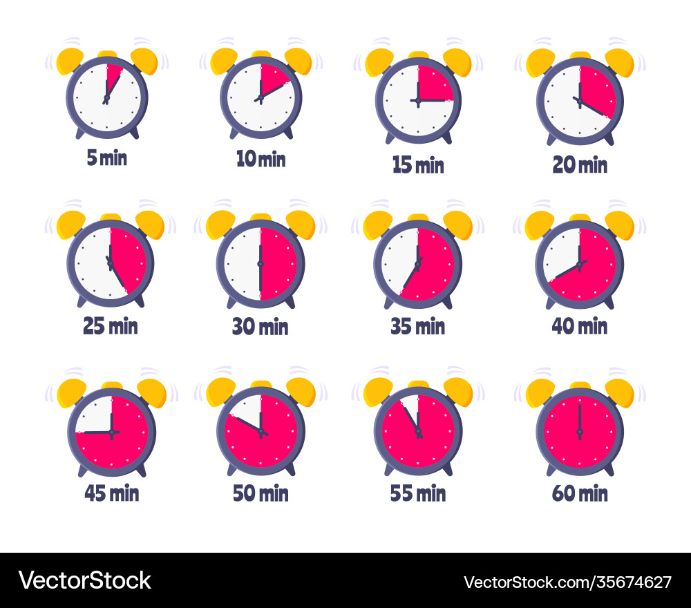 Minutes countdown on analog clock face flat style Minutes countdown on analog clock face flat style Vector Image