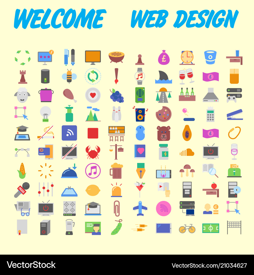 Set of 100 flat web icons on following themes vector image