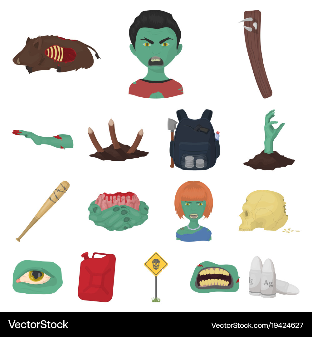 Zombies and attributes cartoon icons in set Vector Image