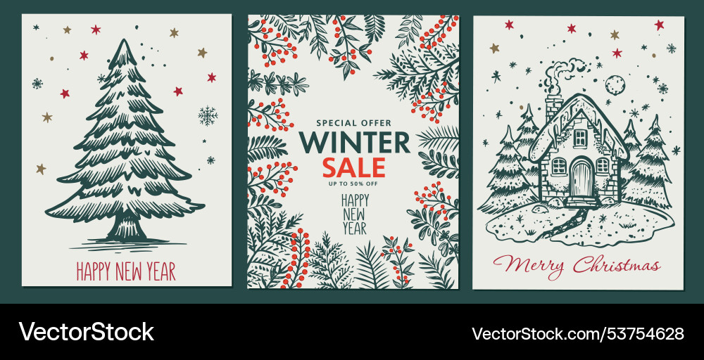 Christmas set with house tree in sketch style Vector Image