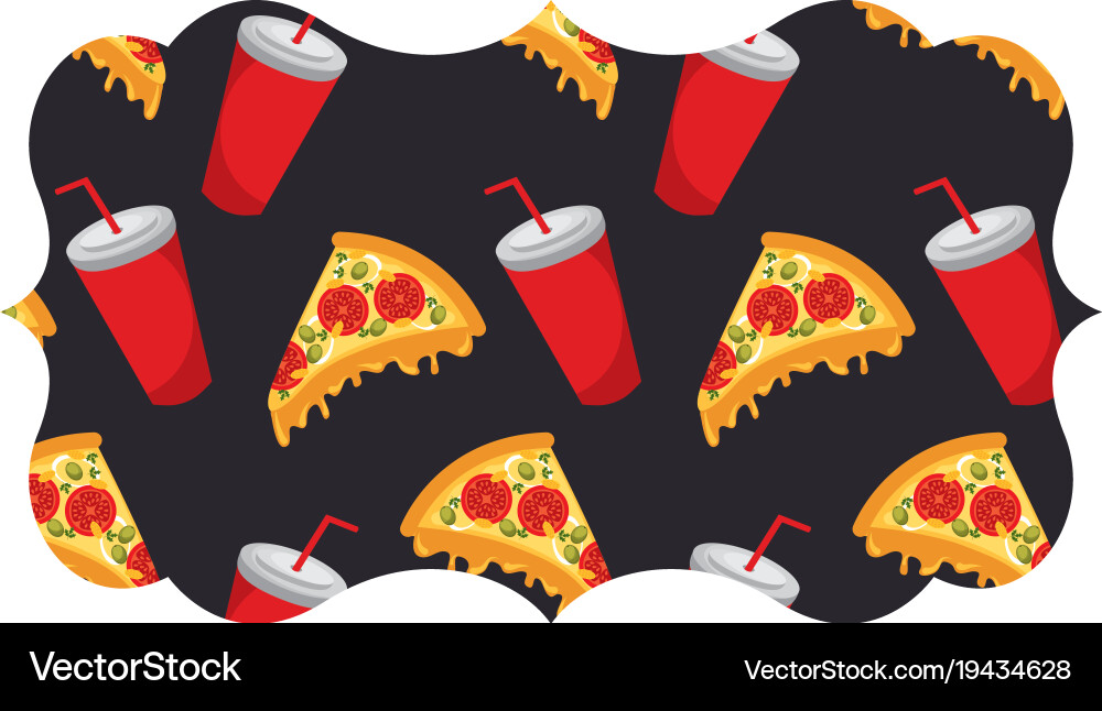 Frame with pizza and soda pattern background Vector Image
