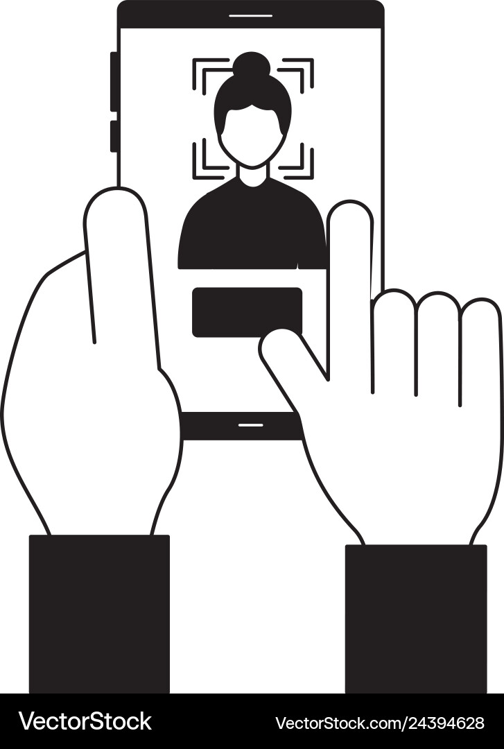 Hands with cellphone face scan biometric vector image