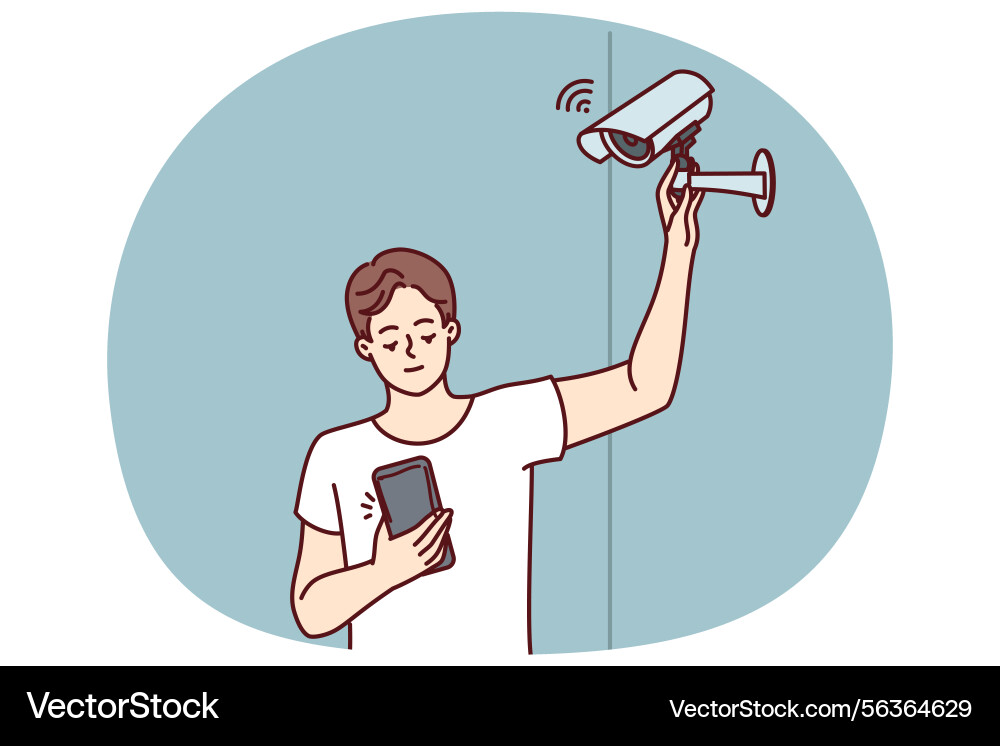 Man sets up wifi camera and monitors result via Man sets up wifi camera and monitors result via vector image