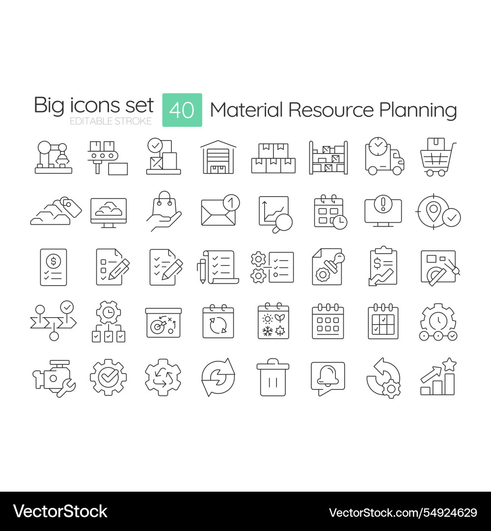 Material resource planning linear icons set Material resource planning linear icons set vector image