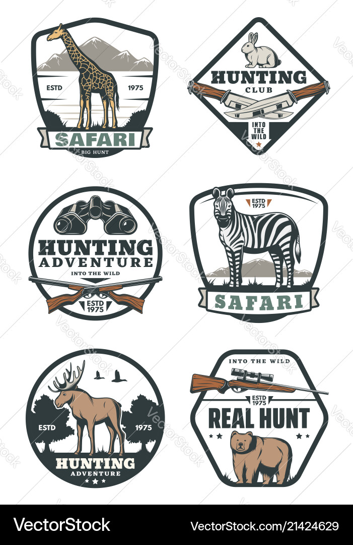 Safari Hunter Club Badges - Retro & Wildlife Vector Image