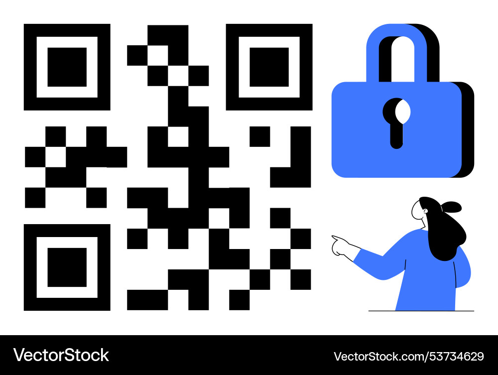 Secure qr code with woman pointing and a padlock Secure qr code with woman pointing and a padlock vector image