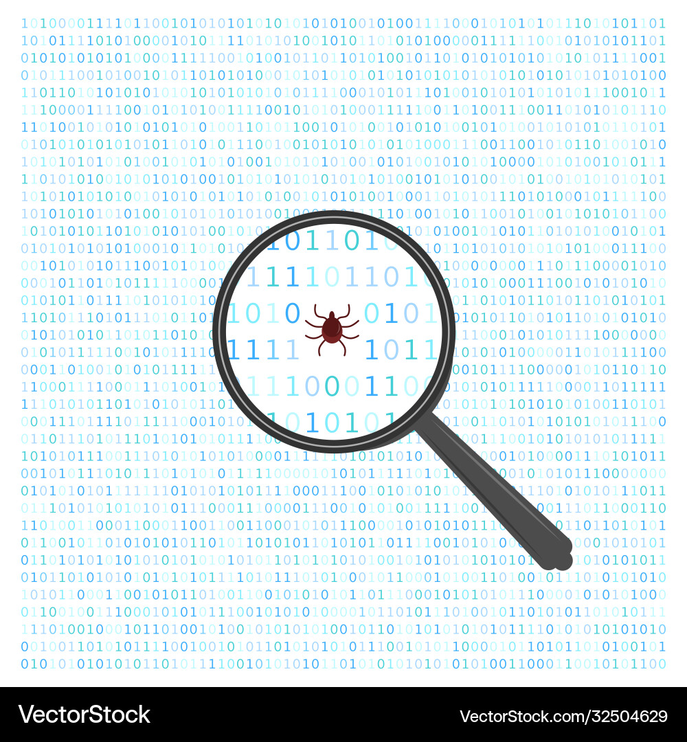 Single code with bug and magnifying glass Single code with bug and magnifying glass Vector Image